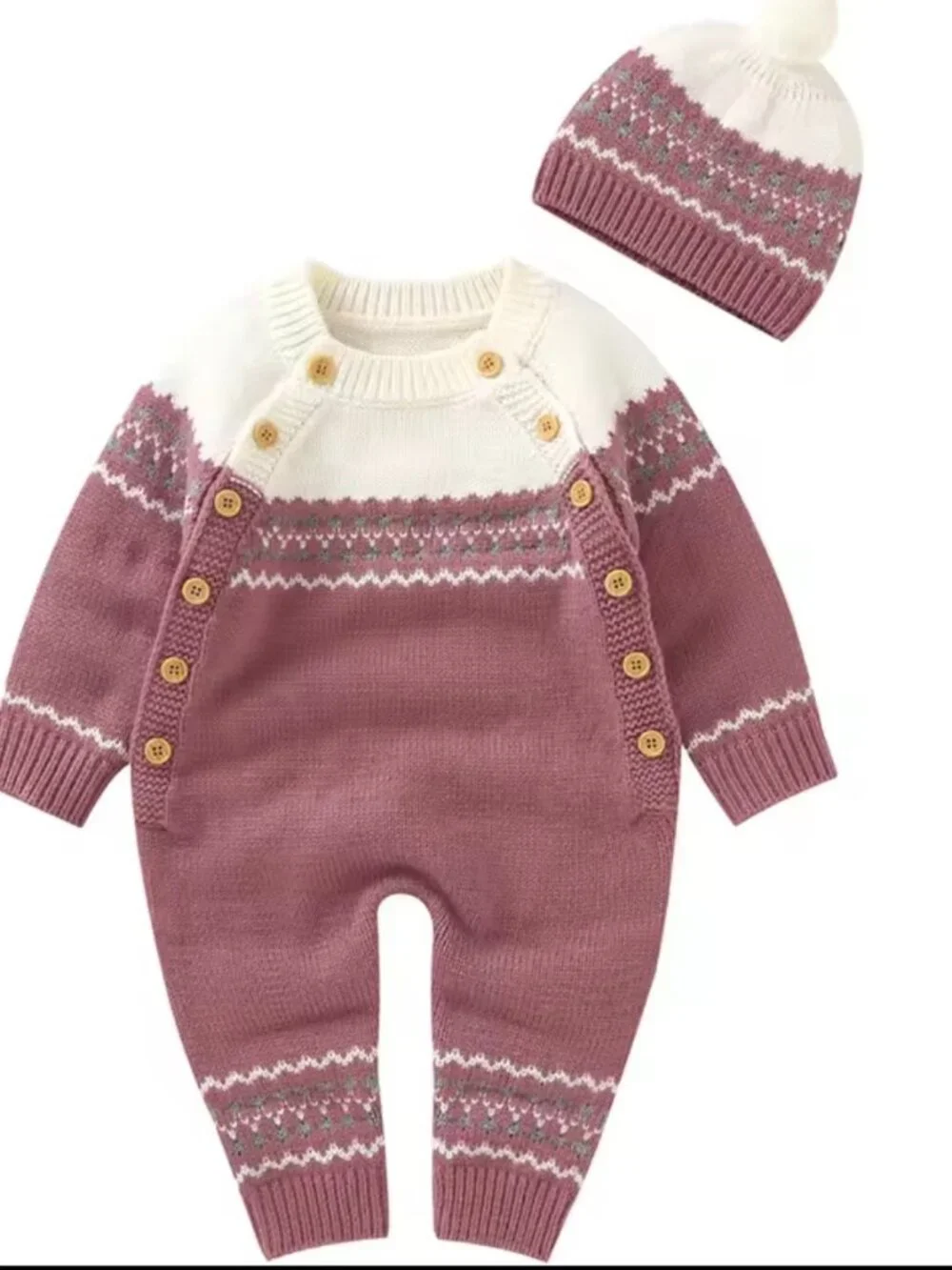 Argyle Knit Dusty Rose Unisex Romper with Matching Hat, Set, Kids, NWT